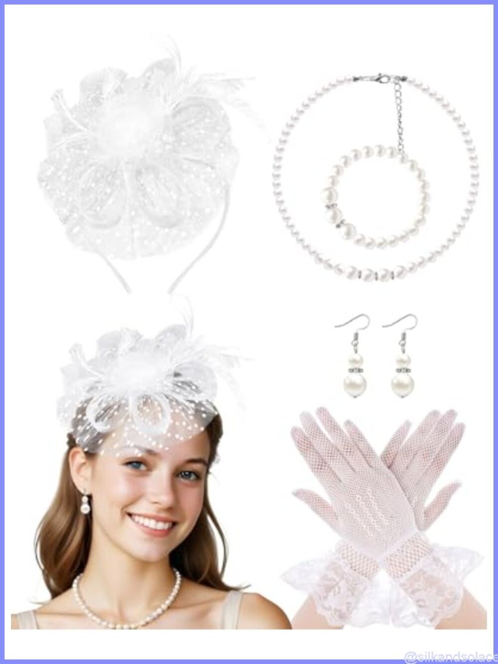 Fascinator Hat Set with Lace Gloves, Faux Pearl Necklace, Bracelet & Earrings